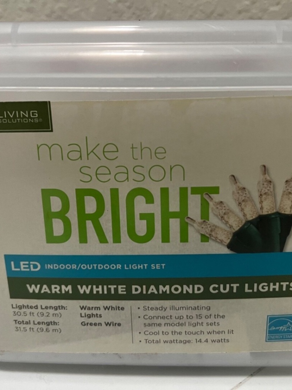 Living Solutions 150 LED Warm White Diamond Cut Lights 30.5ft indoor/outdoor
